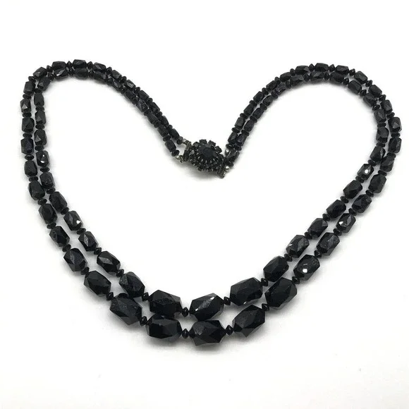 Antique Black Jet Faceted Glass Graduated Double Strand Flower Clasp Necklace - Picture 5 of 8